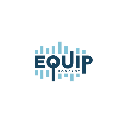 EQUIP podcast logo in dark blue and light blue with stylized audio bars