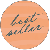 Peach circular badge with handwritten text “best seller” in dark gray