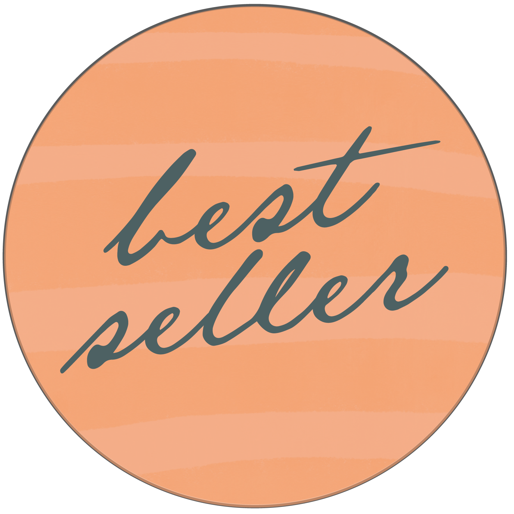 Peach circular badge with handwritten text “best seller” in dark gray