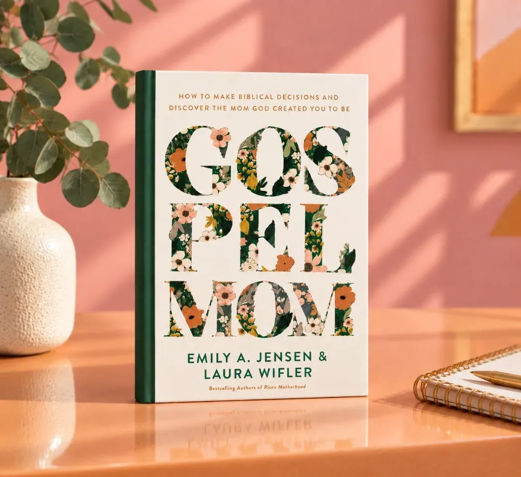 Book titled “Gossip Girl” on a peach tabletop beside a vase and notebook, lit by warm sunlight