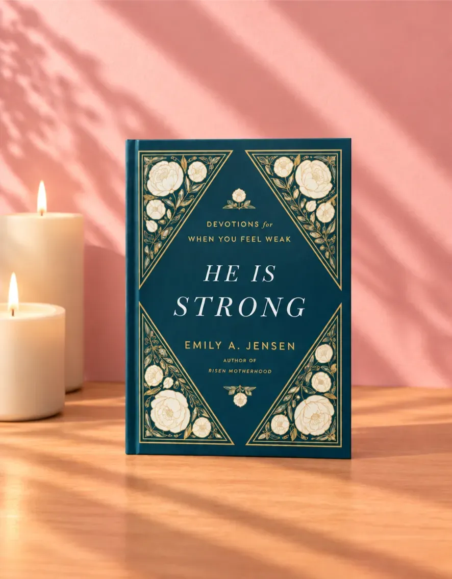 Teal floral book cover reading “He Is Strong” beside a lit candle on a wooden table