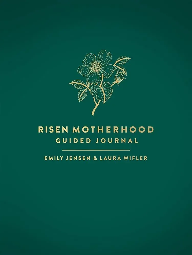 Cover of “Risen Motherhood Guided Journal” on a teal background with gold floral line art.
