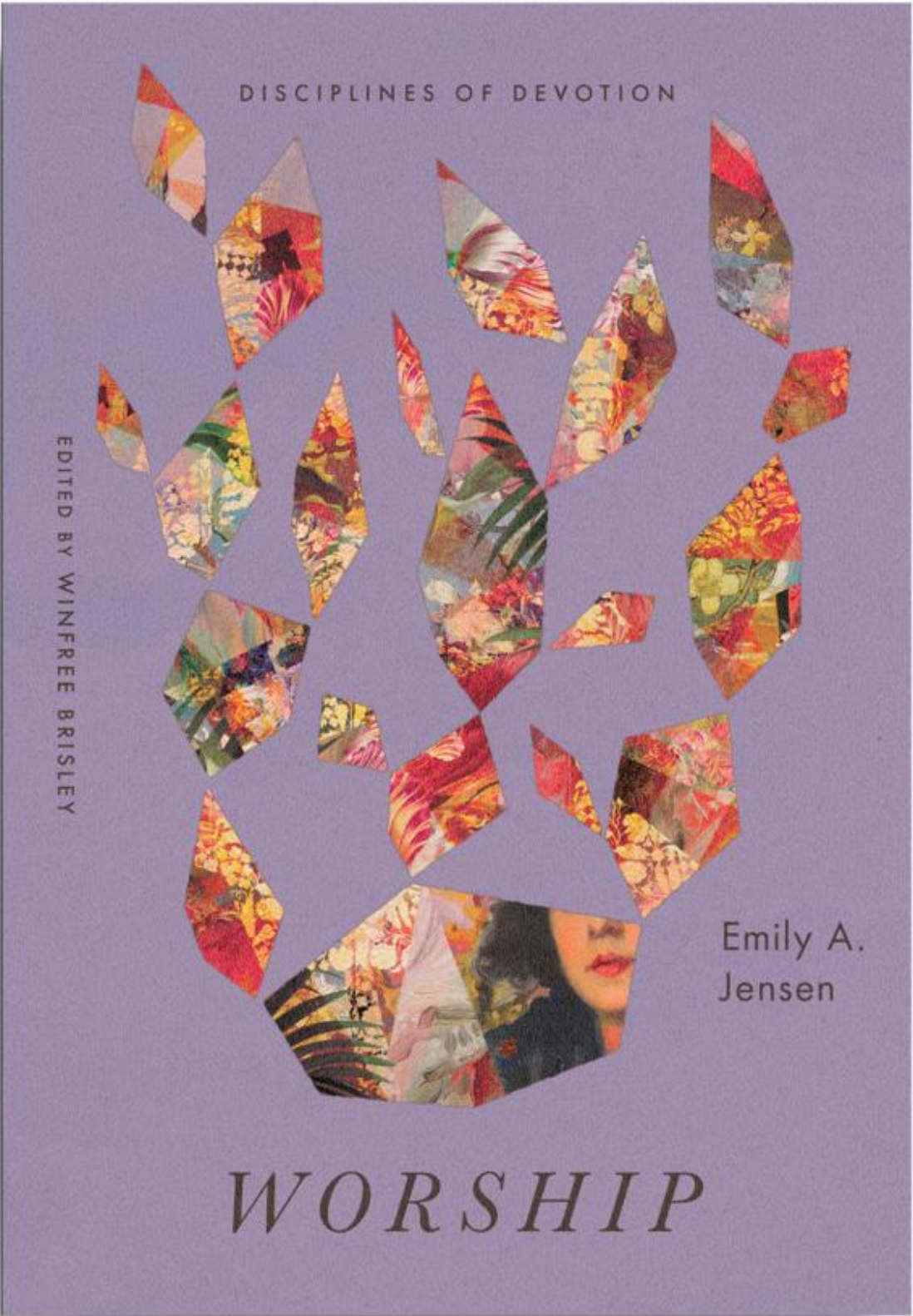 Book cover with colorful leaf-like shapes on a lavender background, titled “Worship” by Emily A. Jensen.