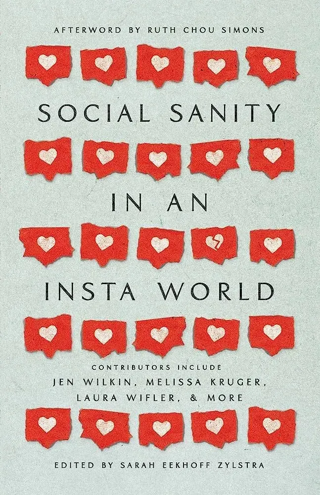 Book cover with red heart icons and the title Social Sanity in an Insta World on a light gray background