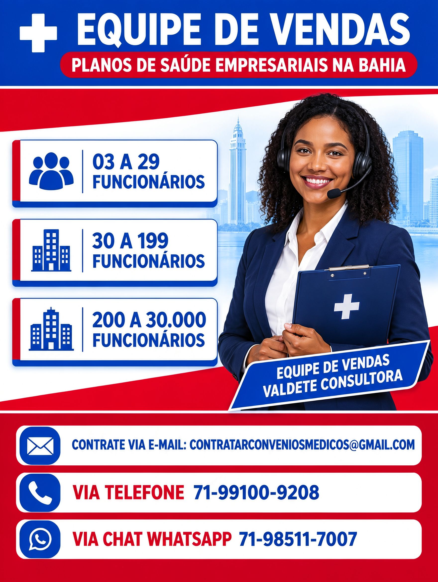 Equipa de vendas de planos de saúde empresariais na Bahia, contactos por e-mail, telefone e WhatsApp.