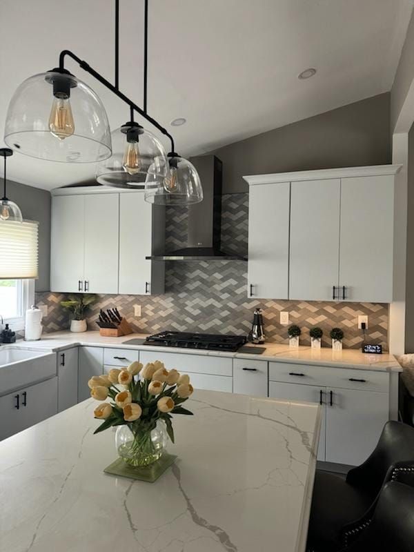 Modern kitchen remodel with new cabinets, island, and glass pendant lights near Old Bridge NJ