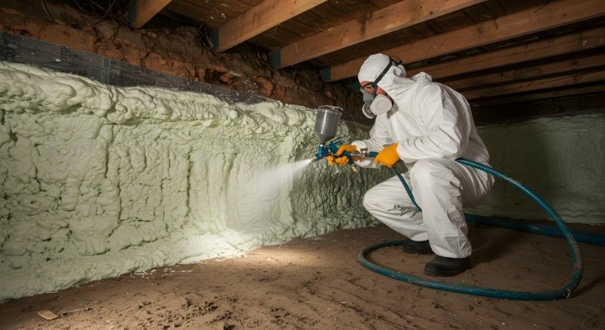 Man in protective suit spraying insulation foam in a crawl space.