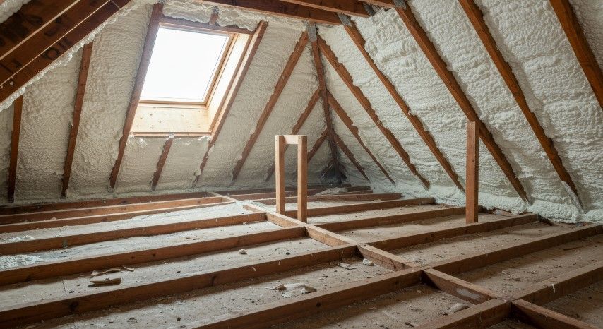 Attic with spray foam insulation on roof rafters, skylight visible, and exposed floor joists.