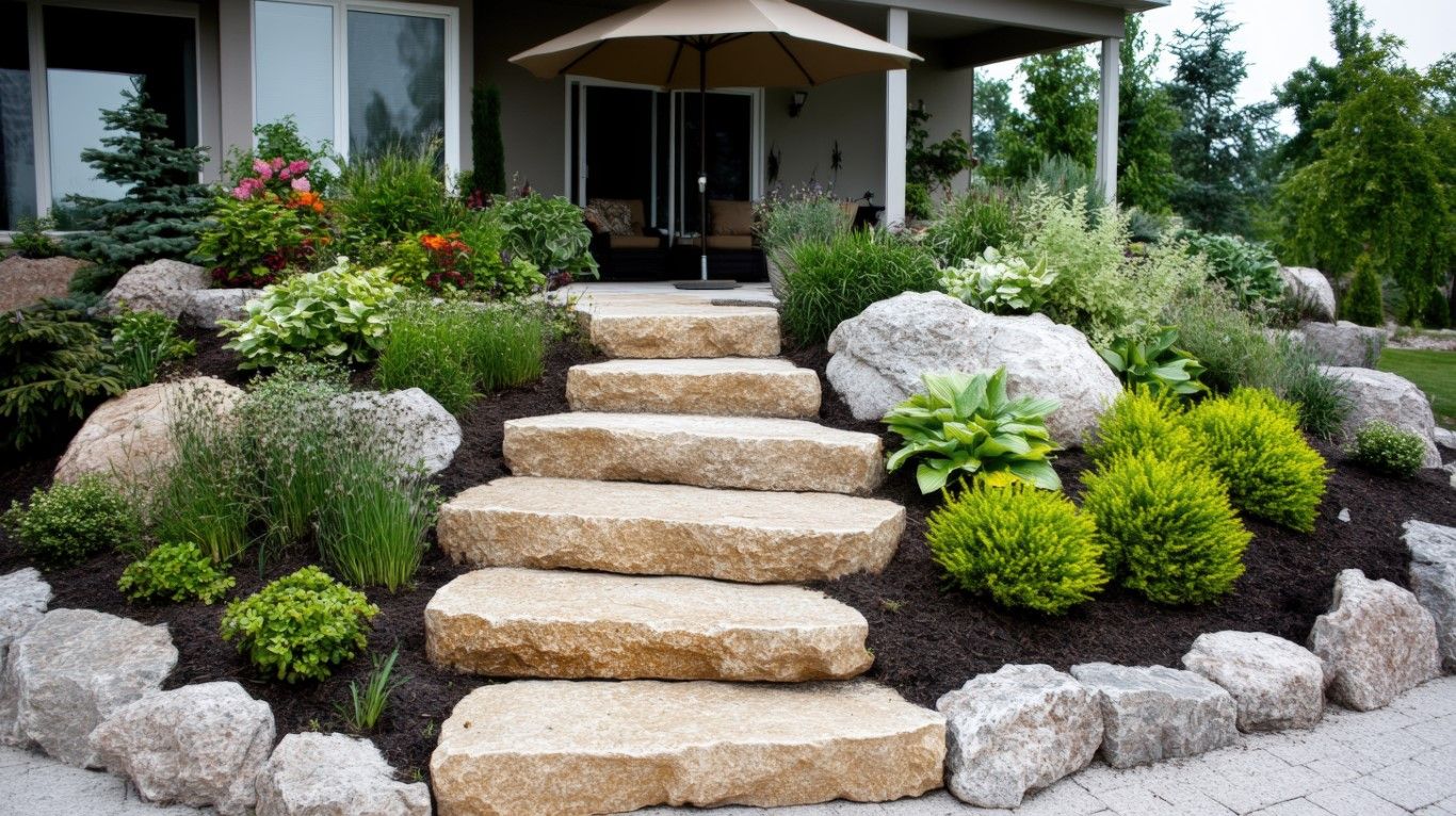 Stone steps lead to a home entrance surrounded by lush landscaped shrubs and rocks.