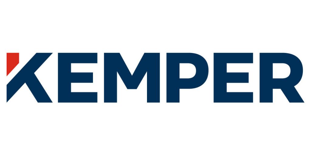The logo for kemper is blue and red on a white background.