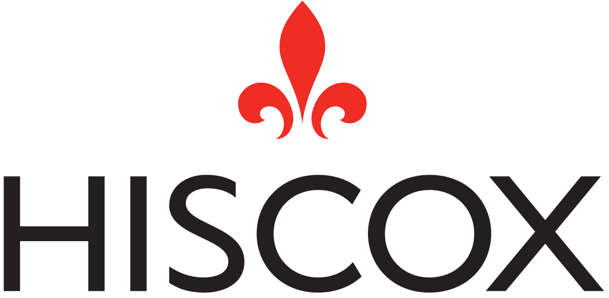 A logo for hiscox with a red fleur de lis