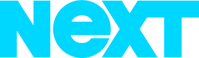 A blue next logo on a white background