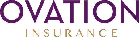 The logo for ovation insurance is purple and gold.