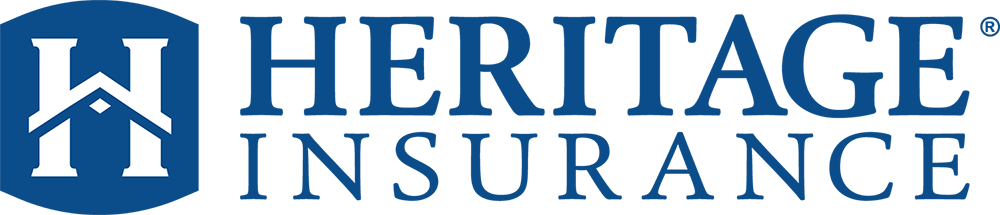 A blue and white logo for heritage insurance