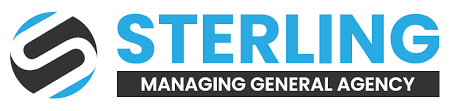 The logo for sterling managing general agency is blue and black.