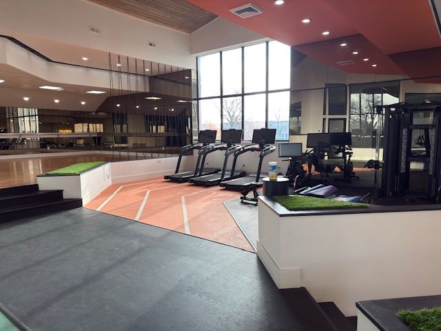 Modern gym interior with treadmills, green turf, and large windows