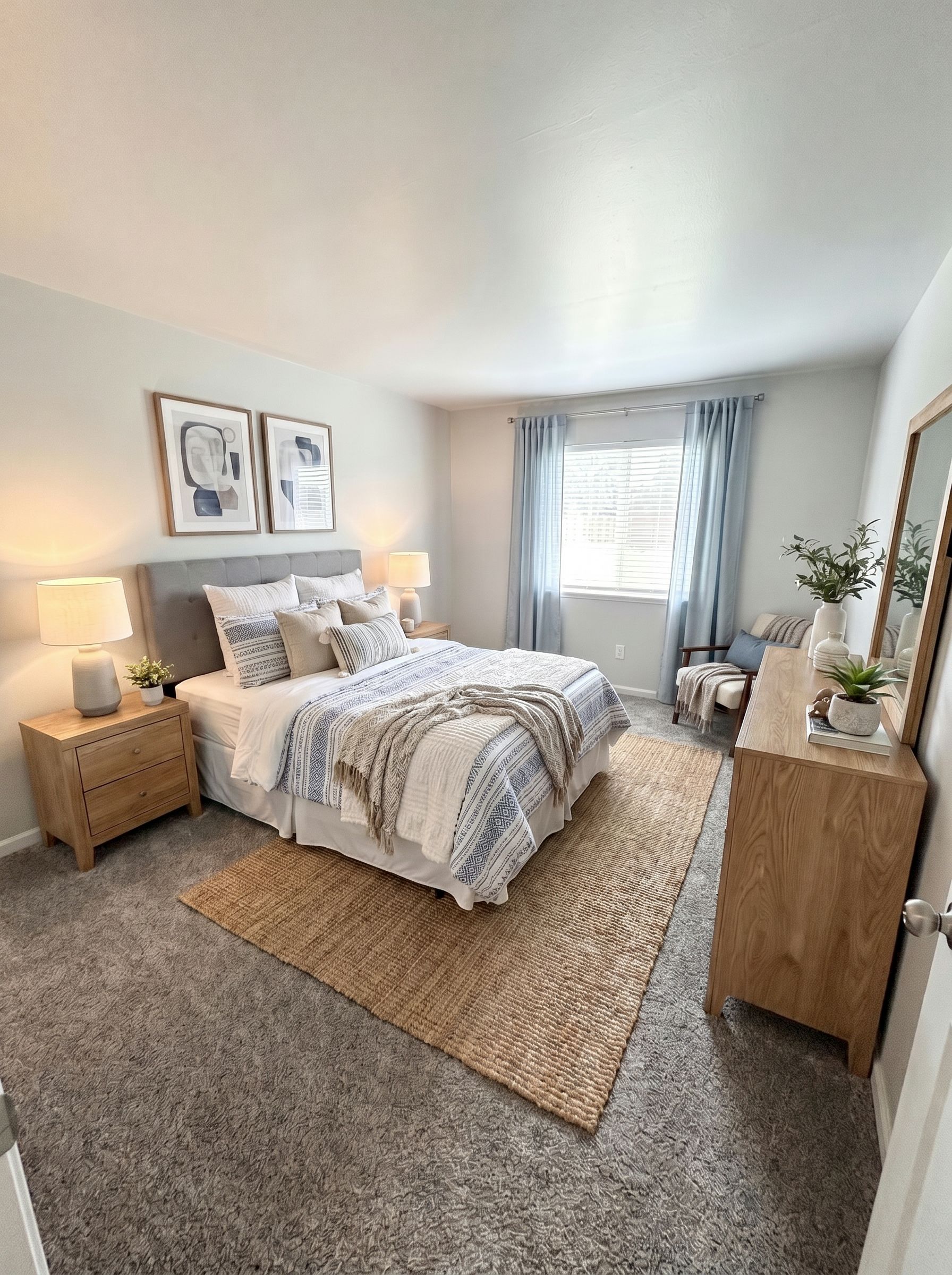 Bright bedroom with a bed, nightstand lamp, dresser, rug, and window with curtains.