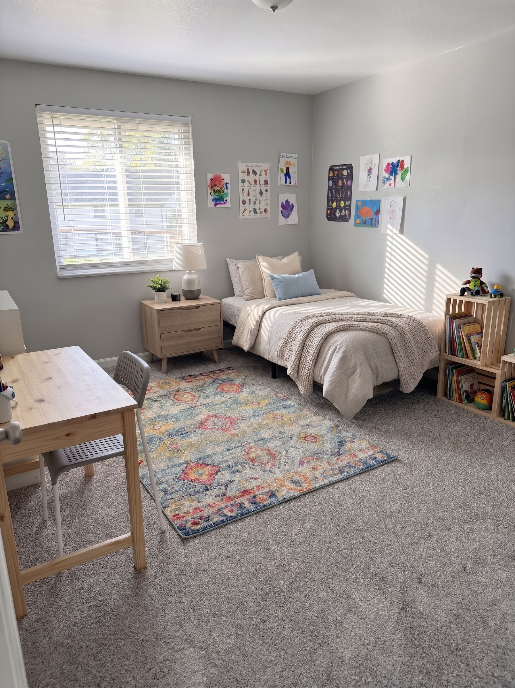 Cozy bedroom with a single bed, desk, rug, wall art, and a window with blinds.