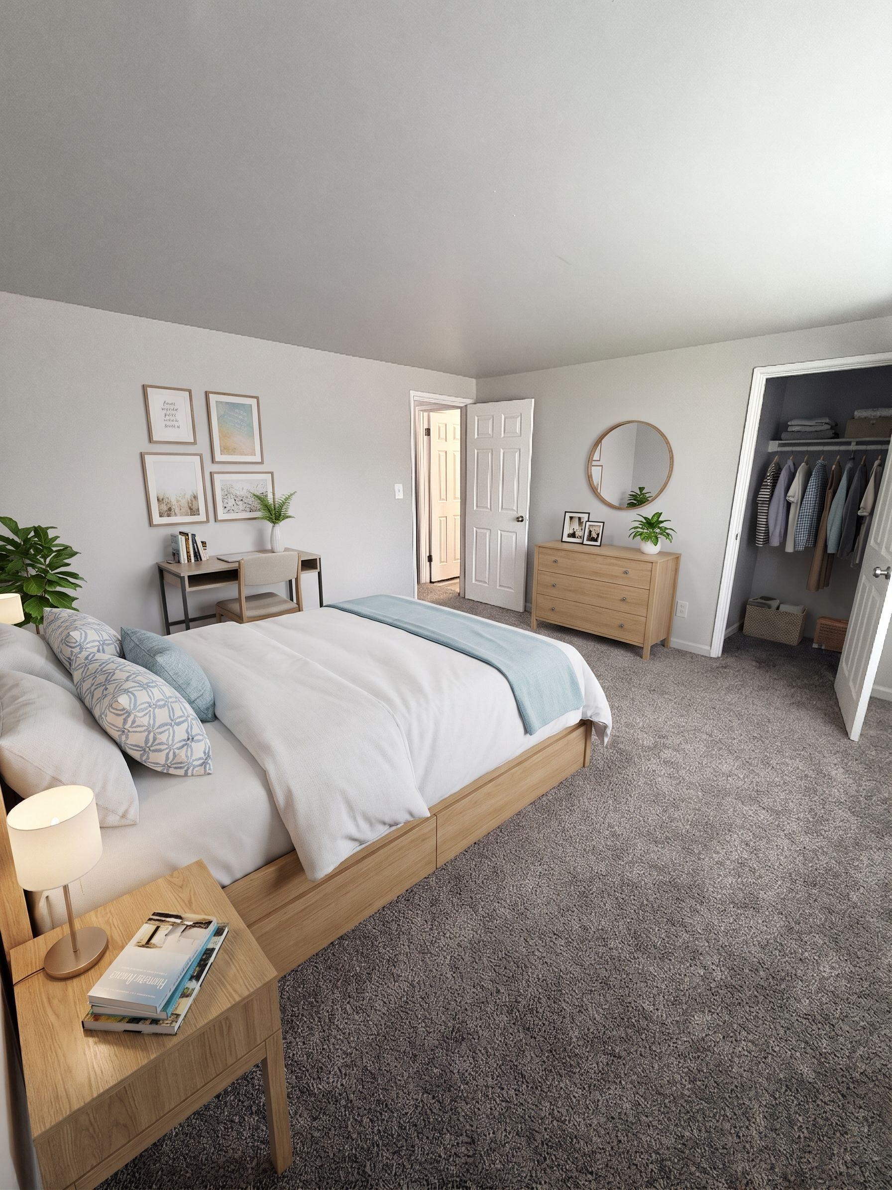 Cozy bedroom with a bed, carpet, dresser, wall art, and open closet in soft neutral tones