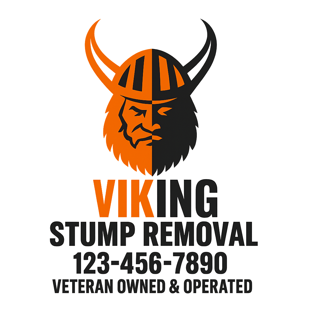 Viking head logo with orange and black text: Viking Stump Removal, 123-456-7890, Veteran Owned & Operated