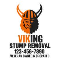 Viking head logo with orange and black text: Viking Stump Removal, 123-456-7890, Veteran Owned & Operated