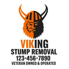 Viking head logo with orange and black text: Viking Stump Removal, 123-456-7890, Veteran Owned & Operated