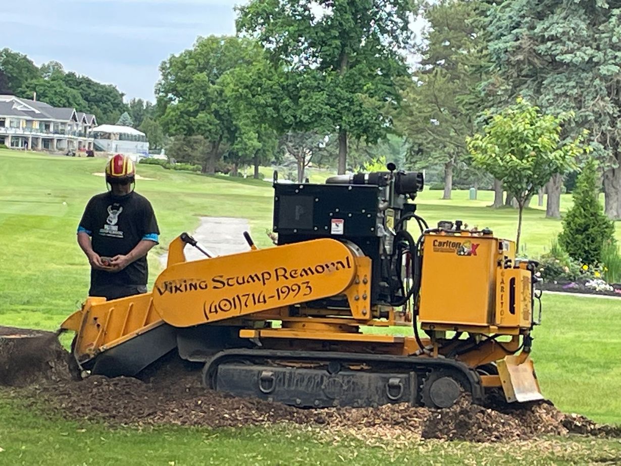 Worker beside yellow stump grinder in a grassy park near houses and trees