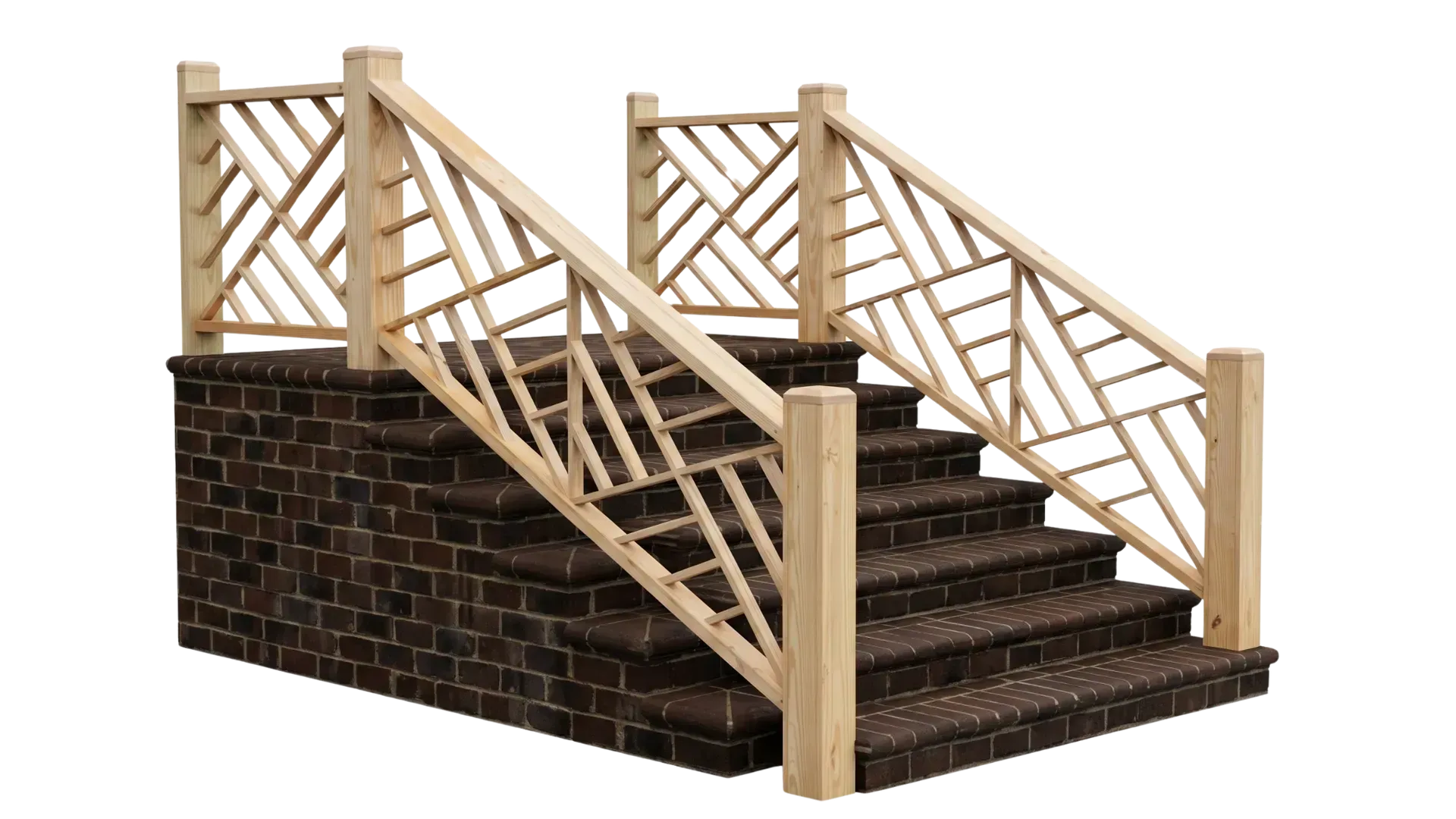 Wooden outdoor stairs with lattice railings and a brick retaining wall