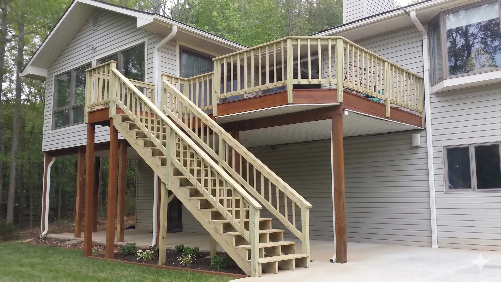 Exterior staircase and wooden deck attached to a raised gray house with white railings and support posts.