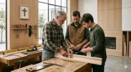 Three people measuring wood in a bright workshop with tools and a workbench.