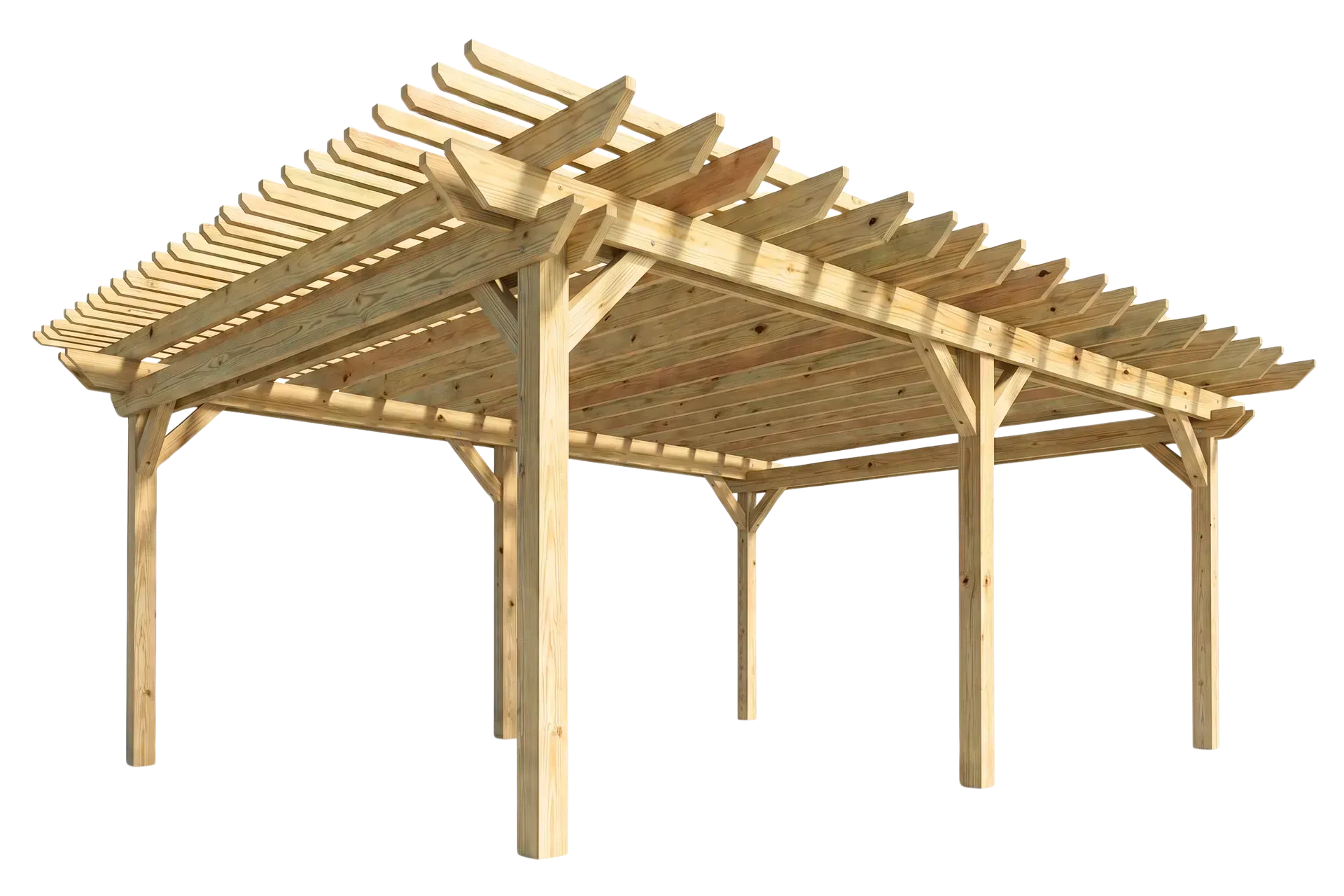 Wooden pergola frame with open roof beams and support posts on a white background
