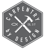 Gray hexagon logo with crossed tools and the words “CARPENTRY by DESIGN” and “COL. 3:17”