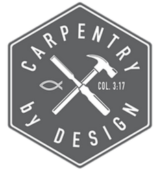 Gray hexagon logo with crossed tools and the words “CARPENTRY by DESIGN” and “COL. 3:17”