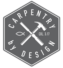 Hexagonal gray logo reading “Carpentry by Design” with crossed hammer and saw and “Col. 3:17” in the center