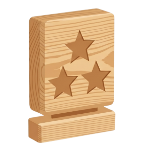 Wooden award plaque with three star cutouts on a small base, in a light natural wood finish