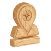 Wooden map pin trophy with a compass emblem on a stand, in light brown tones