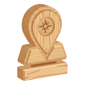 Wooden map pin trophy with a compass emblem on a stand, in light brown tones