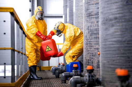 Two men in yellow protective suits are holding a red barrel.