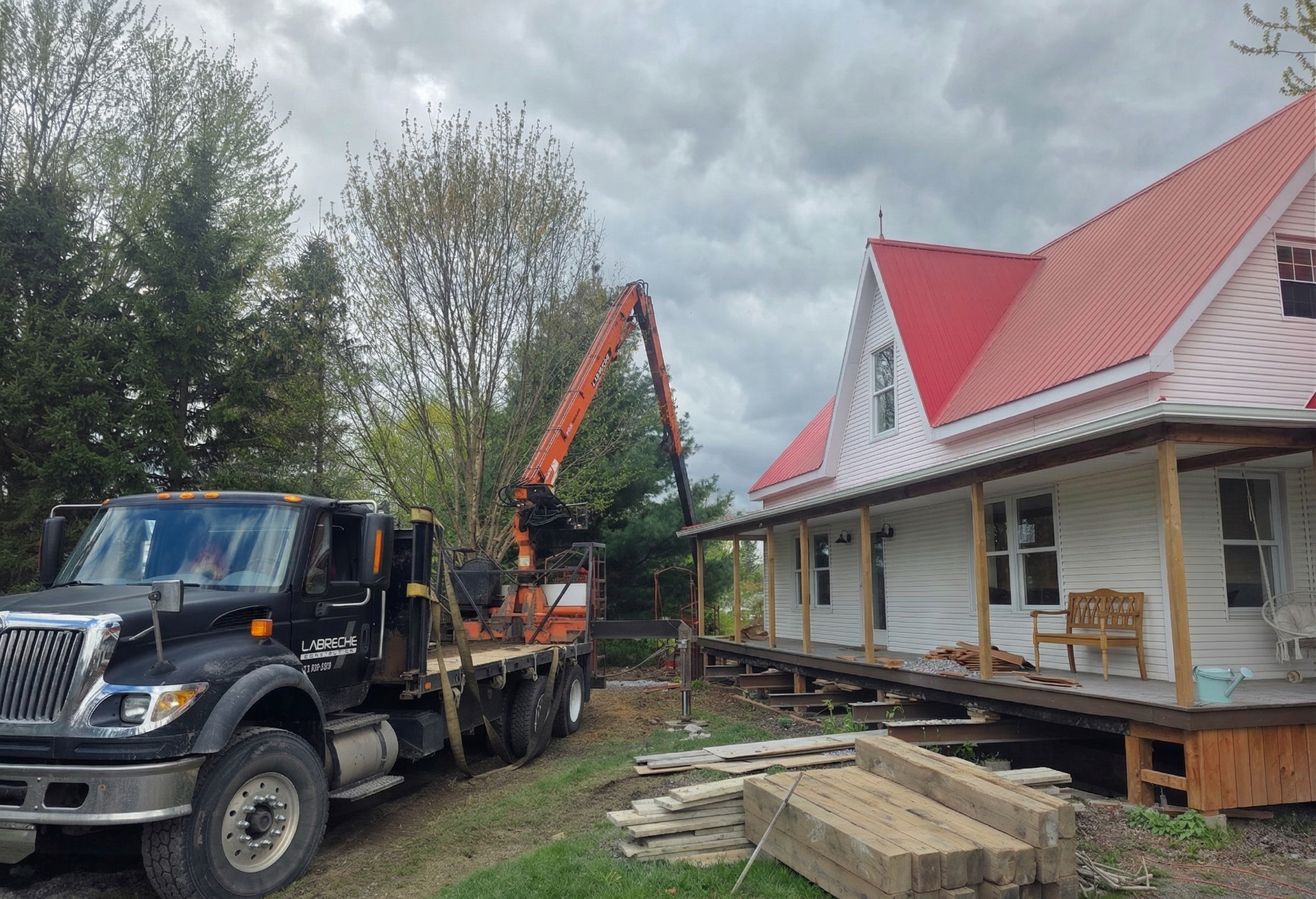 Un camion-benne et une excavatrice à côté d'une maison blanche au toit rouge sous un ciel nuageux.
