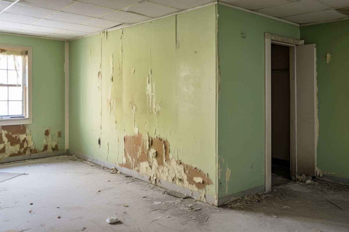 Empty room with peeling green paint, dirty floor, and an open doorway.