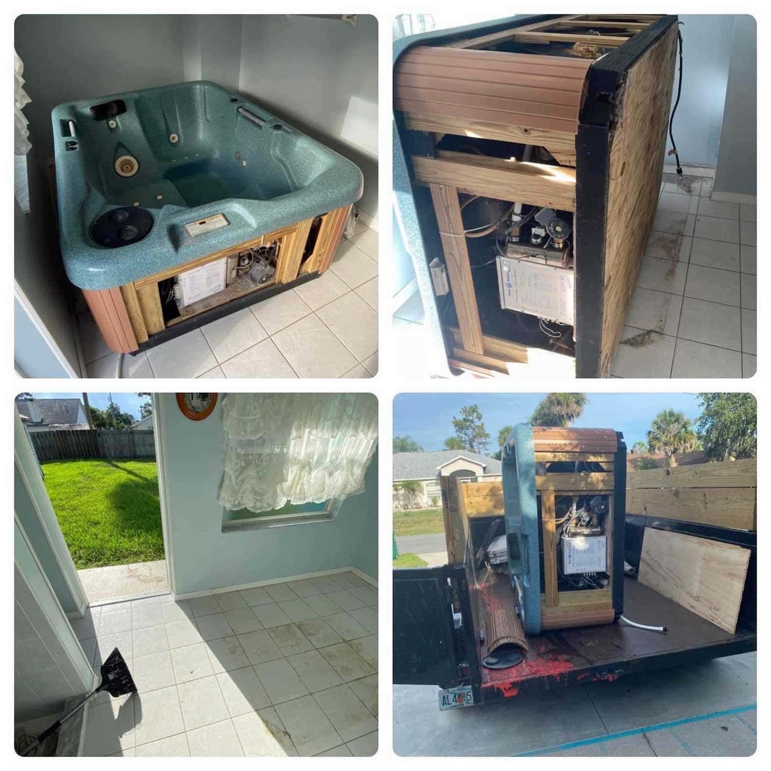 A collage of four pictures of a hot tub being removed from a house.