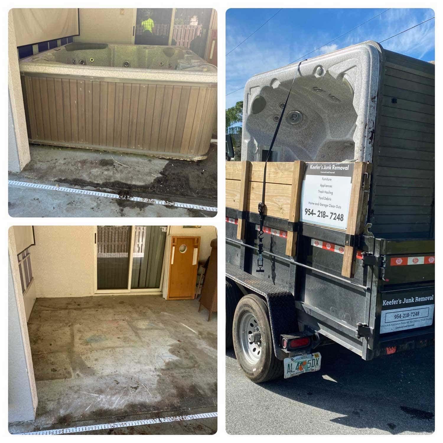 A before and after photo collage of a hot tub sitting in a garage and it being removed.