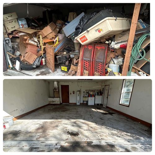A before and after photo collage of a garage filled with junk and then cleaned out.