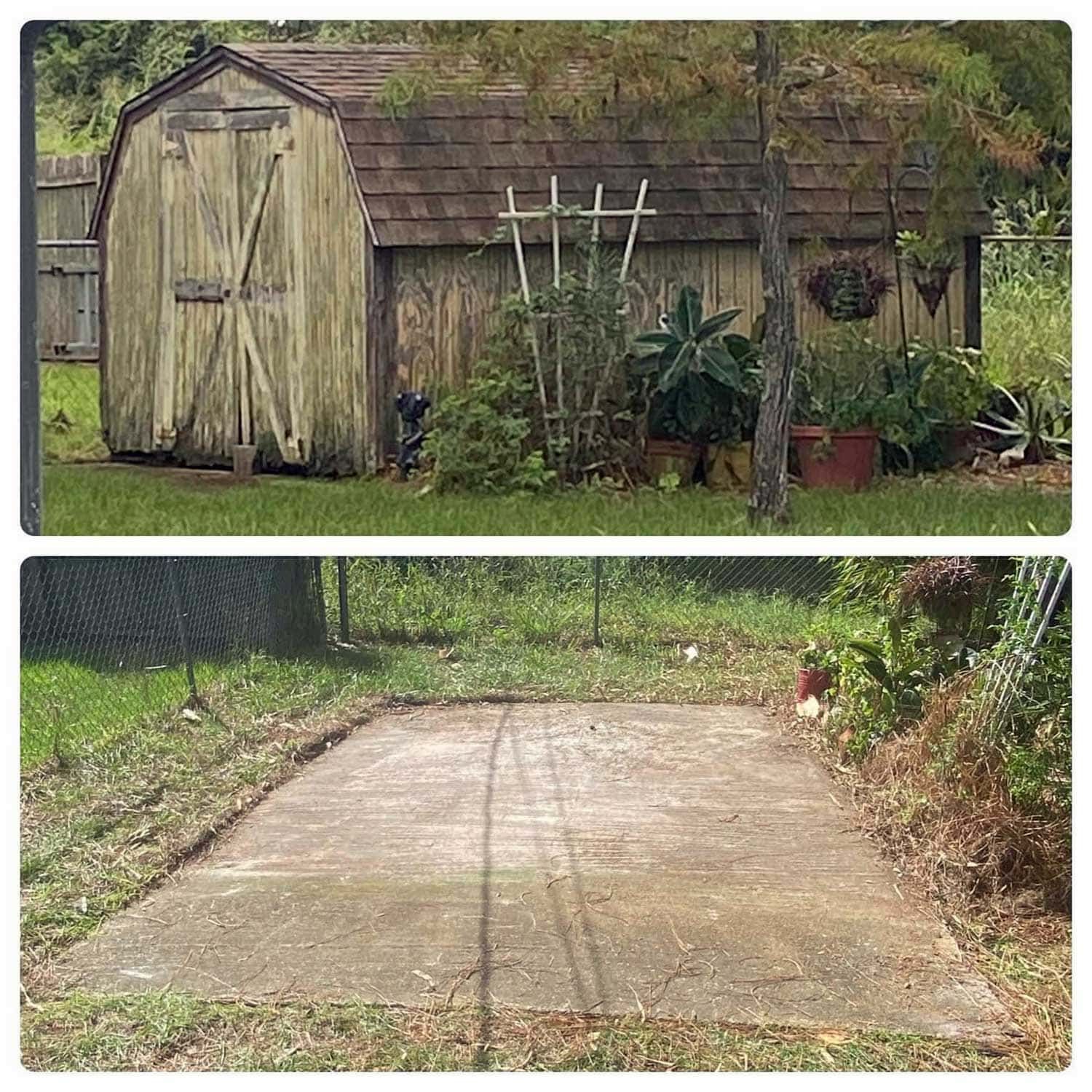 A before and after photo collage  of a shed being removed in a yard.
