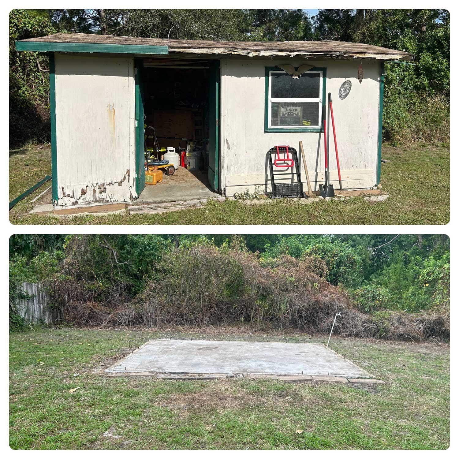 There is a before and after picture of a shed being removed.