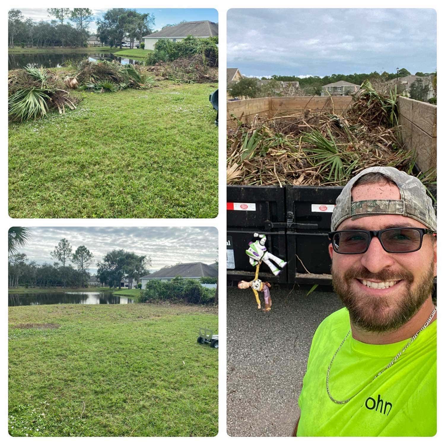 Photo of John standing in front of a dumpster in a field after storm clean up.