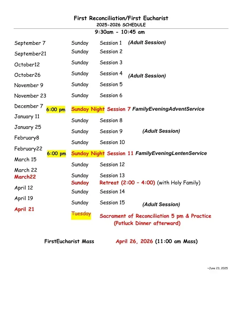 First Reconciliation/First Communion Schedule 2025-2026