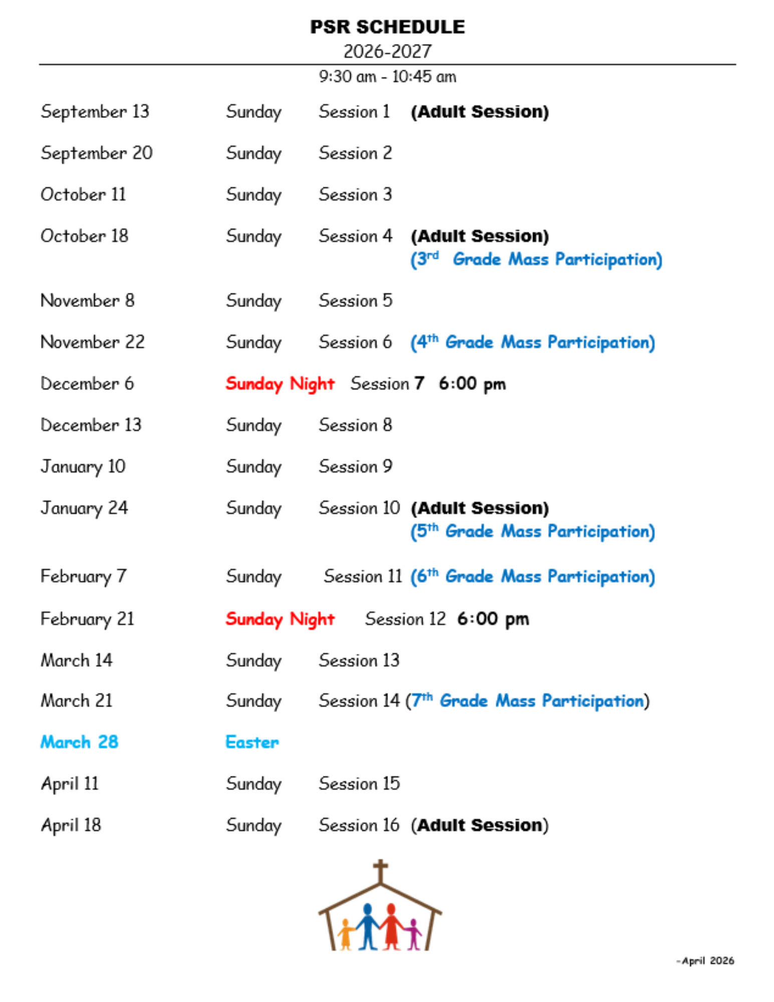 PSR Schedule 2025-2026