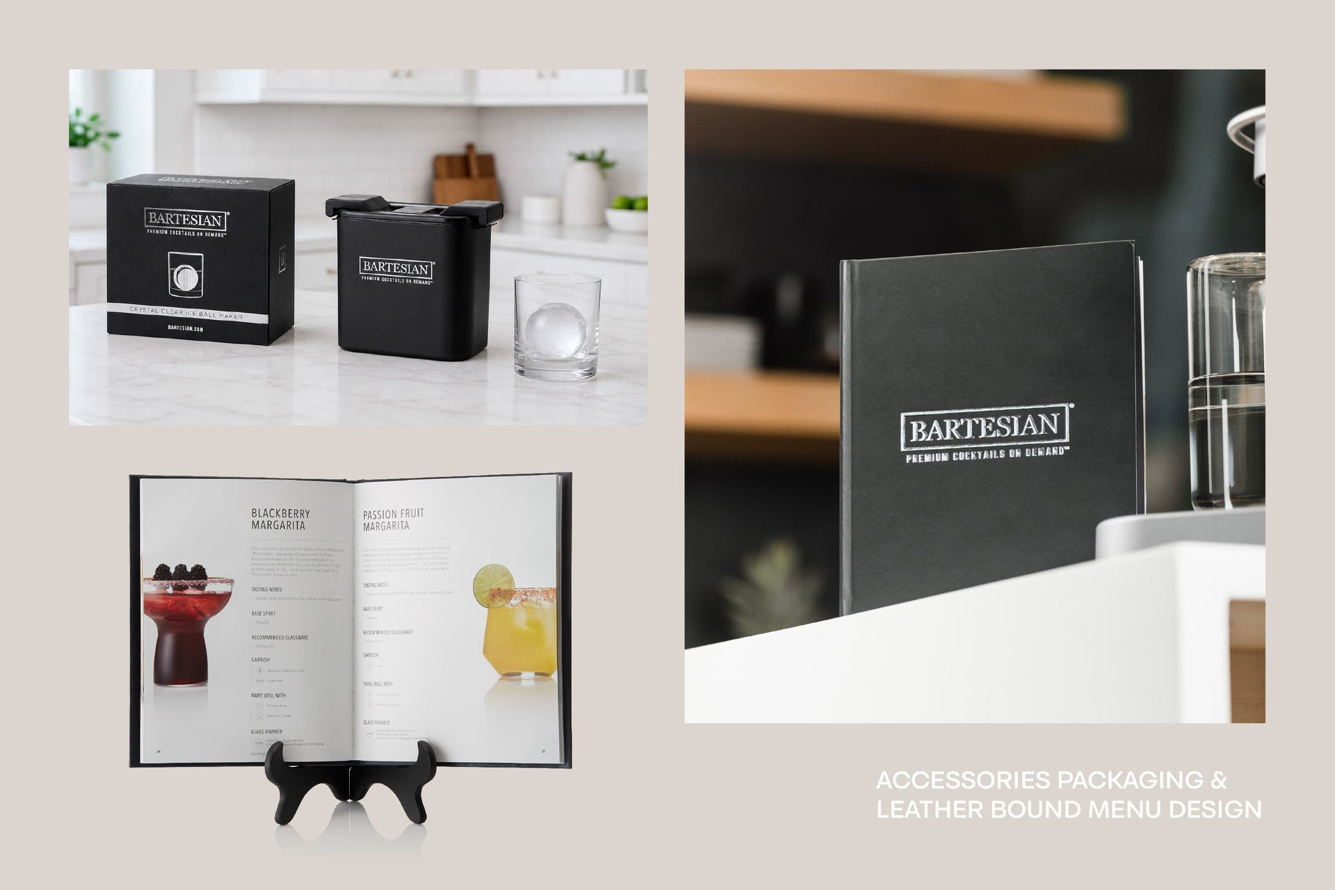 Leather bound menu book design and development, ice maker packaging