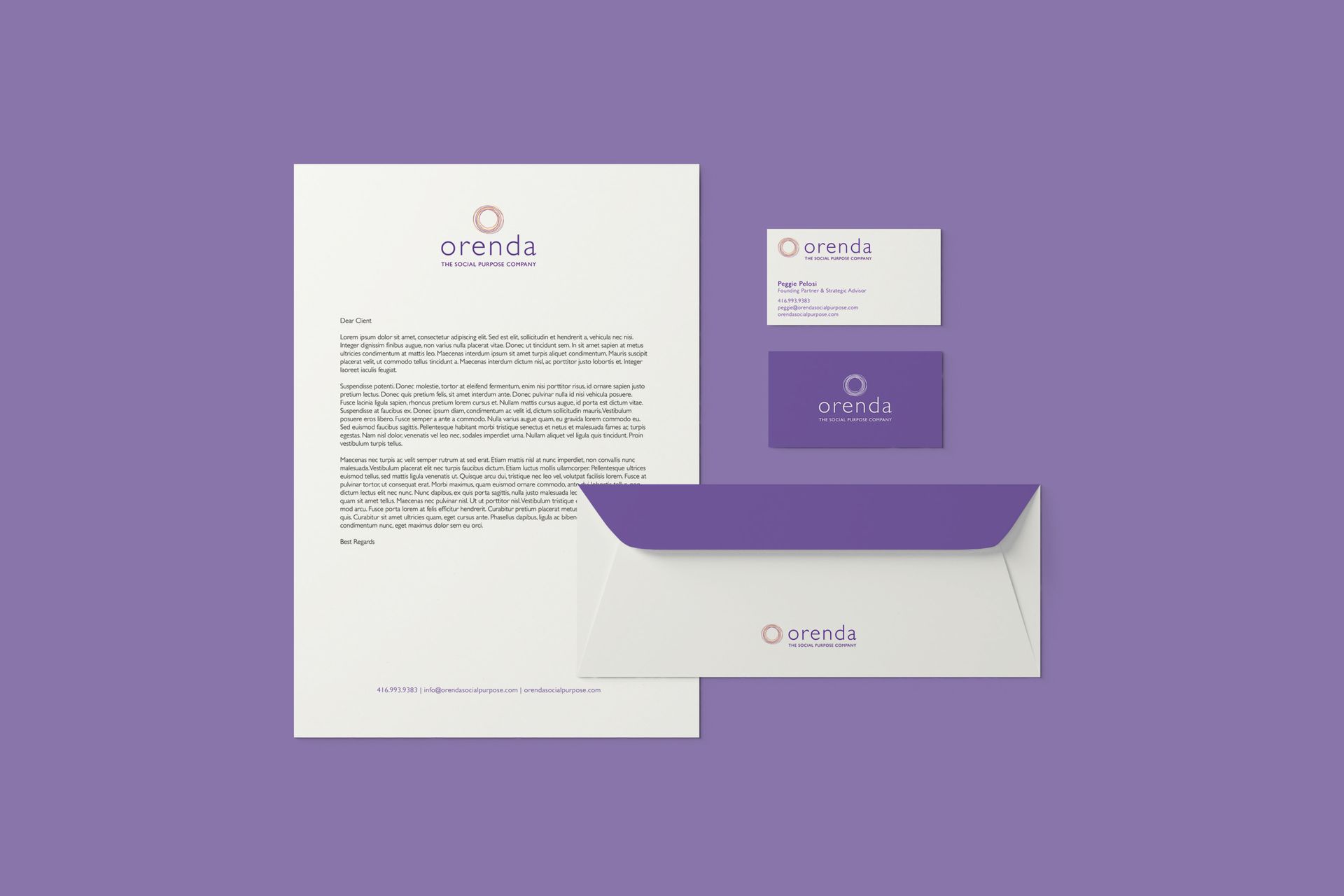 Stationery design for the Orenda branding project.